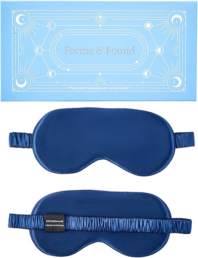 Formé & Found Luxury Silk Sleep Mask, 100% 6A Mulberry Silk Eye Mask for Sleeping, 22 Momme Weighted Sleep Mask for Men & Women, Eye Mask for Sleep, Blackout Sleeping Mask（Navy Blue）