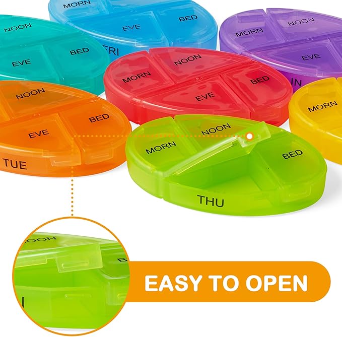 Weekly Pill Organizer 4 Times-A-Day, Portable 7 Day Pill Box Case with Large Separate Compartments to Hold Medication, Vitamins, Fish Oil and Supplements - Great for Travel