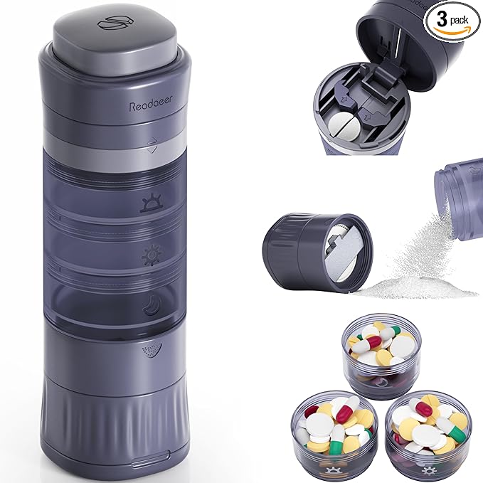 READAEER Pill Organizer, Pill Cutter, Pill Grinder, 3 in 1 Function Portable Pill Case for Travel (Blue)