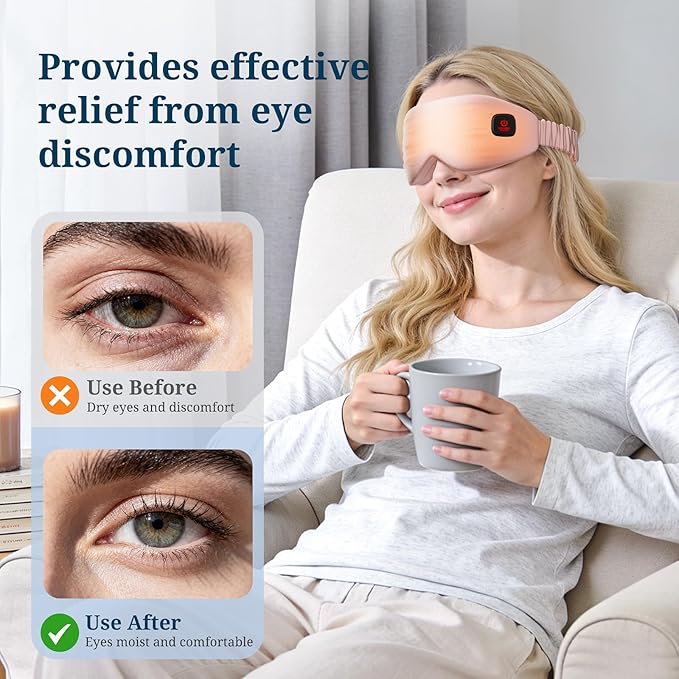 100% Silk Wireless Heated Eye Mask with Cooling - 3 Heat Settings, for Dry Eyes, Puffiness & Dark Circles - Adjustable, Washable, Travel-Friendly (Pink)