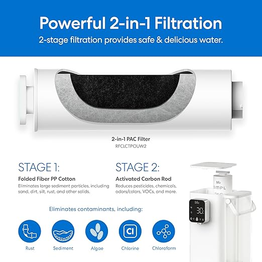 Brio SIMPL W2 Countertop Water Dispenser w/Refillable 2.5L Water Tank, 2-in-1 Sediment & Carbon Filter Included, Room Temp., LED Display w/Touch Buttons, No Plumbing Necessary, White