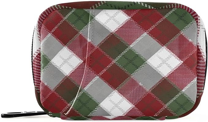 Christmas Plaid Pattern Red Travel Pill Organizer Case Box Container Weekly Portable Vitamin Medicine Holder Storage Bag with Zipper Removable