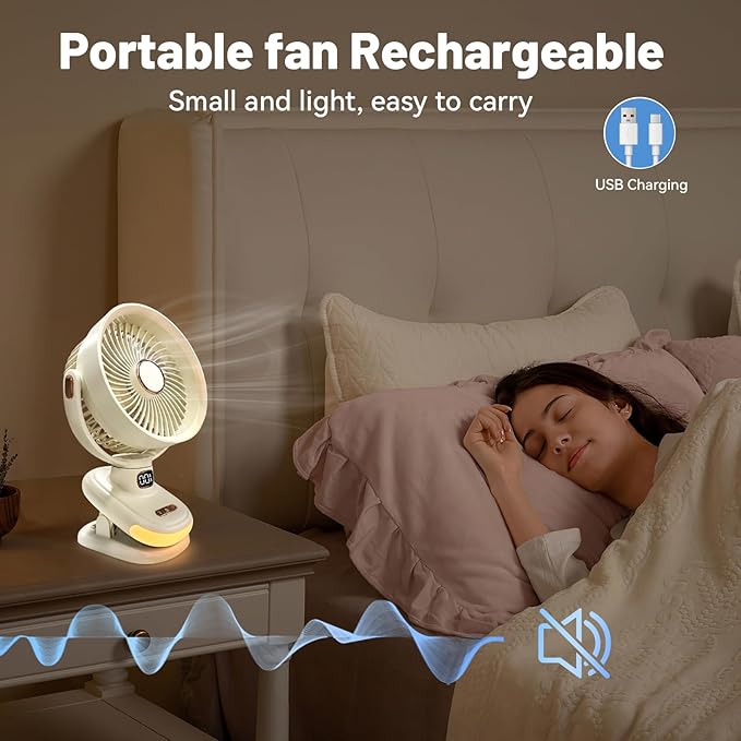 Portable Clip on Fan, Battery Operated Small Powerful USB Desk Fan with Night Light & LED Display Screen, Mini Table Fan, 360° Rotate Personal Fan for Home Office Stroller Camping (Beige)