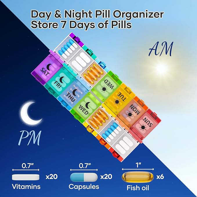 Push Button Weekly Pill Organizer 2 Times a Day, Medicine Pill Organizer with Labels, Pill Box Case 7 Day AM PM BPA-Free, Pill Container for Vitamins, Fish Oil, Supplements and Medication