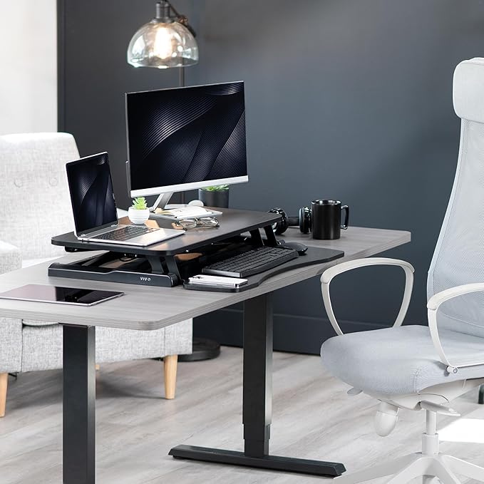 VIVO 32 inch Desk Converter, K Series, Height Adjustable Sit to Stand Riser, Dual Monitor and Laptop Workstation with Wide Keyboard Tray, Black, DESK-V000K