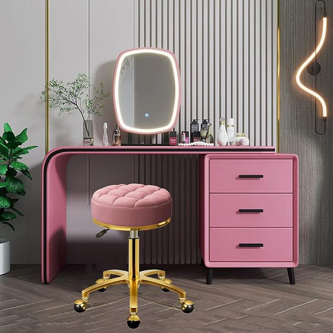 Rolling Stool Gold Vanity Stool with Wheels, Pedicure Massage Roller Stools, PU Leather Round Swivel Salon Spa Chair, Titanium Gold Base, Height Adjustable 43-55 cm (Pink)