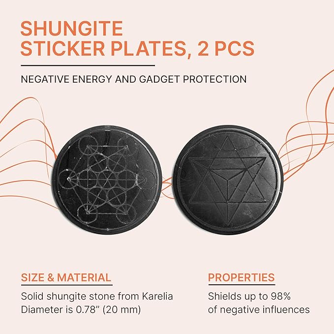Cell Phone Protection Blocker Shungite Stickers 2 pcs Merkaba & Metatron Sacred Symbol Engraved | Round Sticker Plates for Gadget Smartphone Laptop | Polished Shungite Stone Plates S583