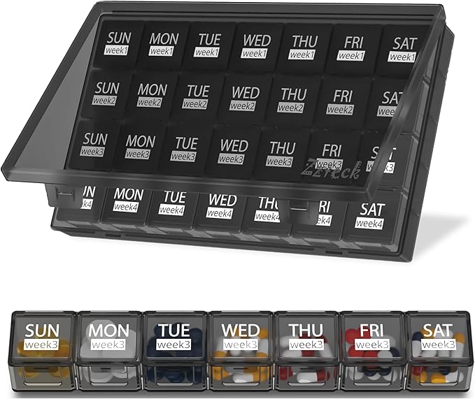 Monthly Pill Organizer 28 Day Pill Box Organizerd, Large 4 Weeks One Month Pill Cases with Dust-Proof Container for Pills, Vitamin, Fish Oil, Supplements (Black)