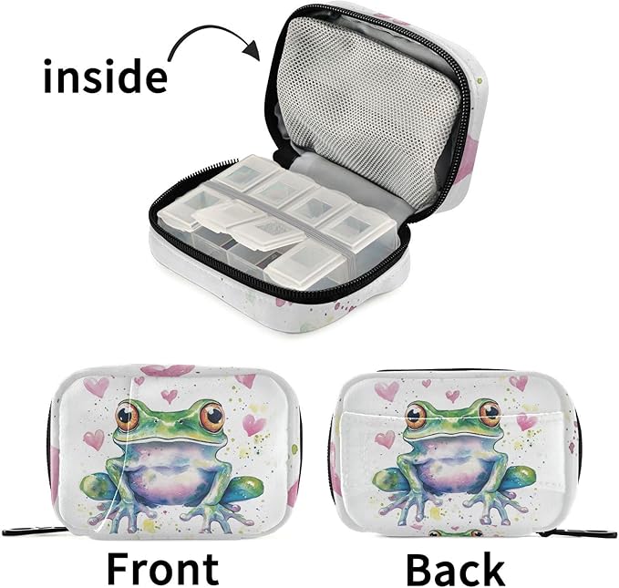 Fustylead Watercolor Vivid Frog and Pink Hearts Travel Pill Case Bag with Zipper Weekly Pill Box 8 Compartments 7 Day Personal Pill Case Purse Medicine Case Organizer