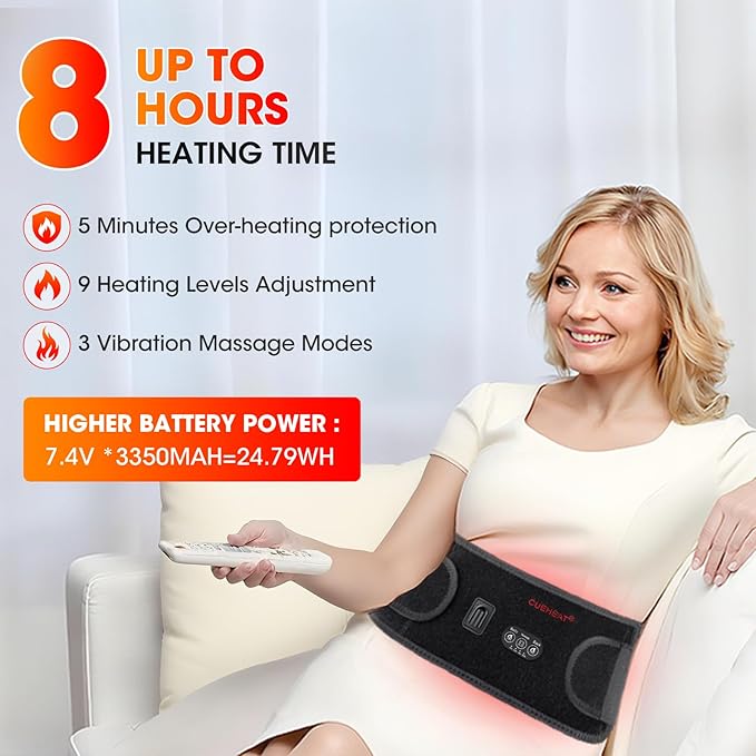 CUEHEAT Heated Waist Belt, Cordless Heating Pad for Low Back, Electrical Heating and Massage, Rechargeable Battery Powered (Black Upgraded,53 inches)