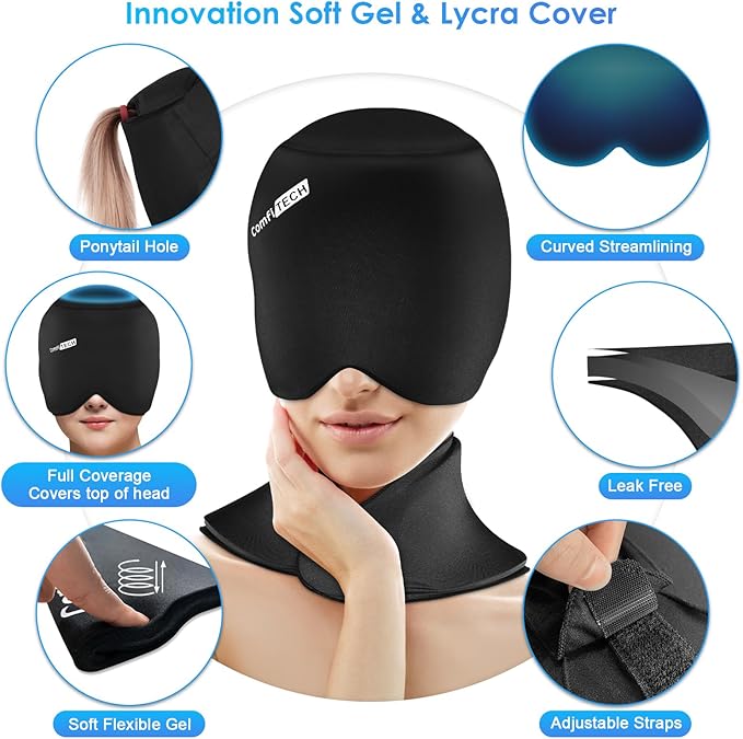 ComfiTECH Cold Cap with Top Coverage & Neck Ice Pack Wrap, Head & Cervical Cold Gel Sleeve Care Package, Black
