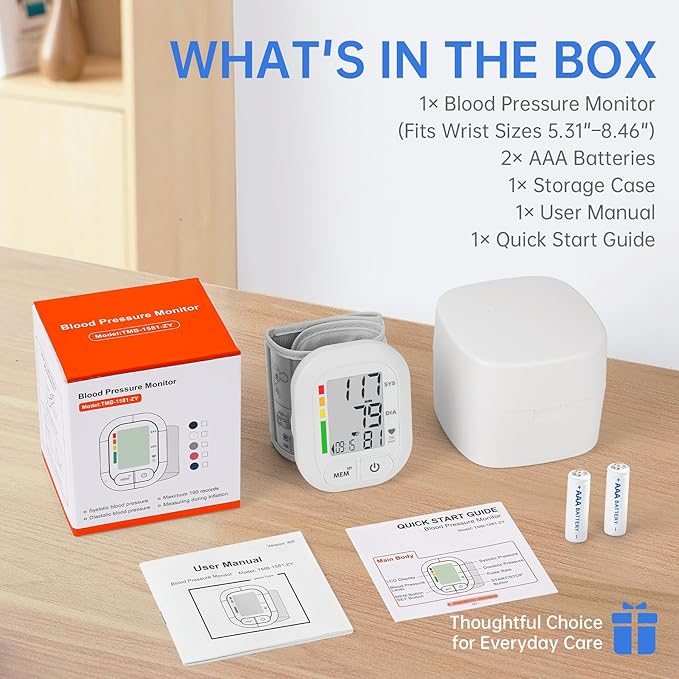 Blood Pressure Monitor Adjustable Wrist Cuff for Home Use Automatic BP Machine Large Digital LCD Display 199 Memory Batteries Included with Carrying Case, White