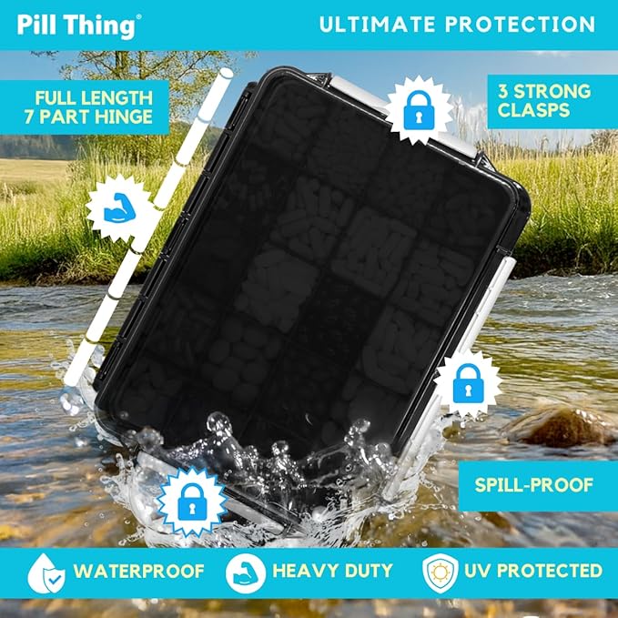 20 Compartment UV Protected Large Cobalt Blue Pill Case with Airtight Seal, Spill Proof, Silicone Gasket Waterproof Med Box with Medication Map (Black and Clear, 20 Compartment - 2 Pack)