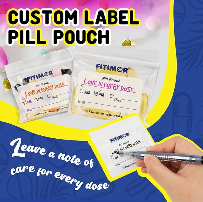 300 Pack Pill Bags for Travel with BPA Free Clear Design, Pill Pouches with Write-On Label Area, Medicine Pouch with Zipper Seal, Waterproof Med Bags for Supplements, Pill Baggies for AM PM