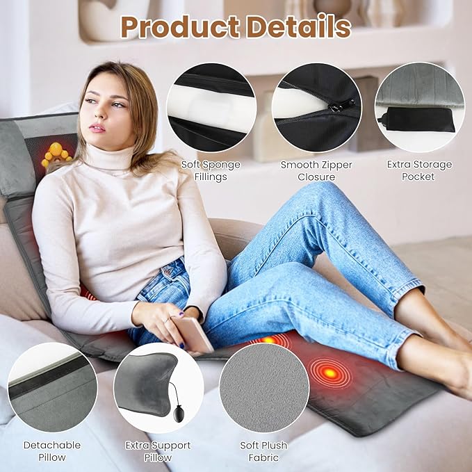 Full Body Massage Mat with Heat, Full Body Vibrating Heating Pad with Movable Shiatsu Neck Massage Pillow, 10 Vibrating Motors & 3 Heating Pads, Back Massager for Pain Relief