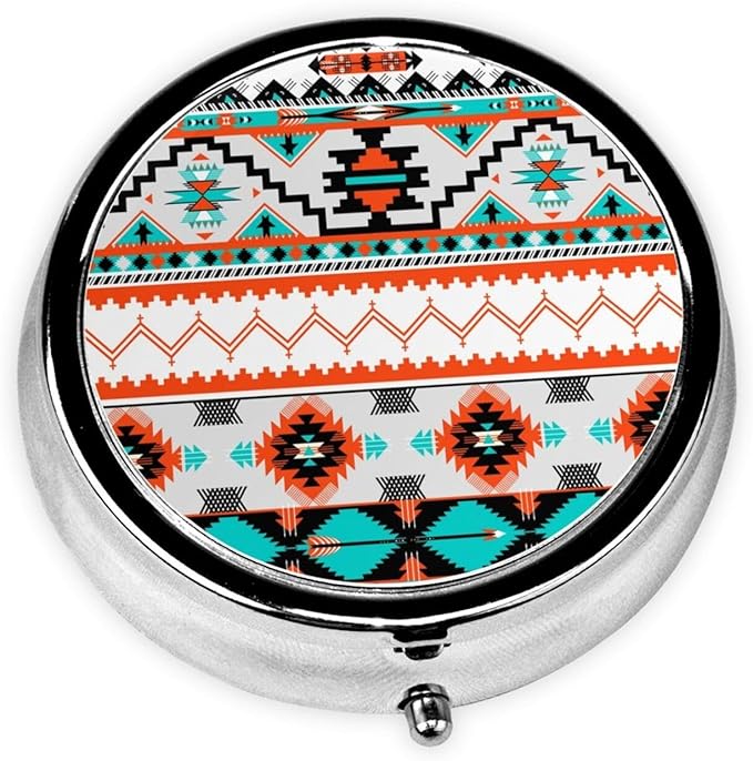 Travel Pill Organizer Large Portable Indiana Western Southwest Tribal Ethnic Aztec Geometric, 3 Compartment Round Pill Box with Mirror, Travel Case Pill Holder for Vitamin Medicine