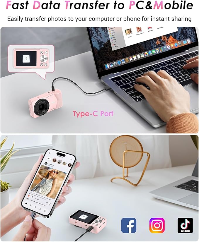 4K Digital Camera, Wevoor 64MP Point and Shoot Digital Camera with Autofocus, 18X Zoom, 20 Filters, 64GB SD Card, 2000 mAh Battery, 2.8" Screen Compact Vlogging Camera for Beginners Teens Adult(Pink)