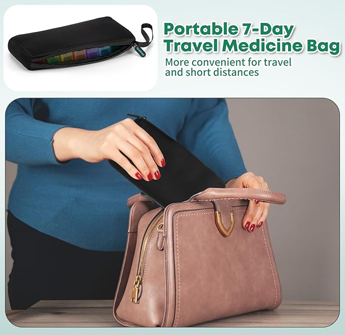 Monthly Pill Organizer 2 Times a Day with Weekly Pill Bag, 30 Day Pill Organizer 2 Times a Day with 32 Compartments, Monthly Stickers, Shoulder Strap, Hard Travel Case Medicine Vitamins Case
