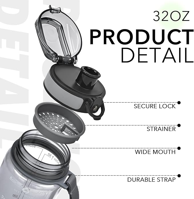 32oz Water Bottle with Time Marker, Motivational Drinking Bottle with Strap, BPA-Free Leak-Proof, Encouraging Water Bottle Time to Drink Water for Gym School Office Travel