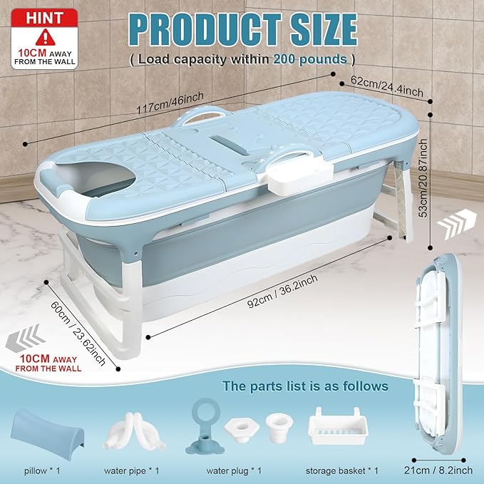 46''/50''Portable Bathtub for Adult,Foldable Bathtub with Lid,Soaking Tub with Storage Basket,Large Thicken Tub for Ice Bath,Hot Bath,Home Sauna, Sweat Steaming, Spa Barrel, Shower (1.2m)