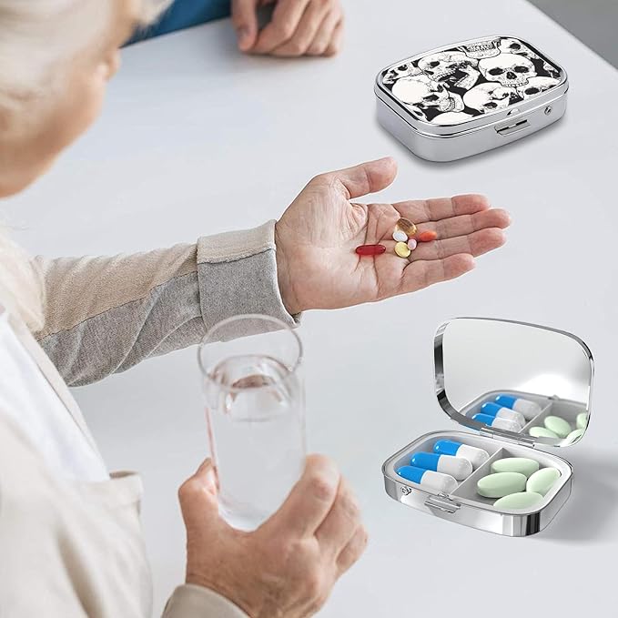 Pill Box-2 Compartment Small Pill Case Square Organizer Case with Mirror Portable Metal Medicine Box Travel Container for Pocket & Purse Women Men（Halloween Skull）
