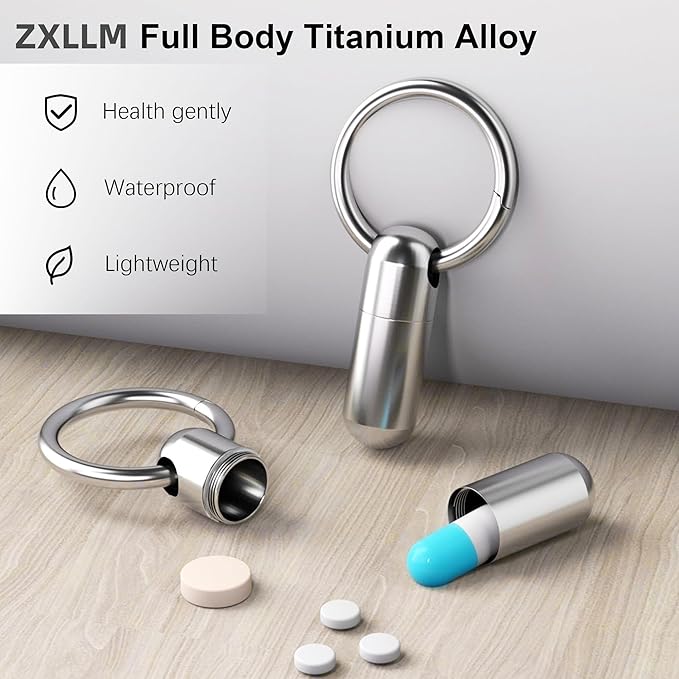 Small Pill Case Keychain Portable Pill Container Waterproof Titanium Pocket Pill Organizer, Tiny Pill Holder Bottle for Travel