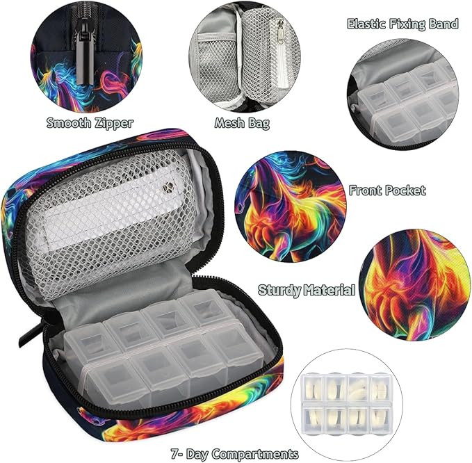 Neon Color Animal Horse Travel Pill Organizer Box Weekly Portable Pill Case Daily Pills 7 Day Small Birth Control Pills Container Removable Compartments for Medicine Vitamins Fish Oil