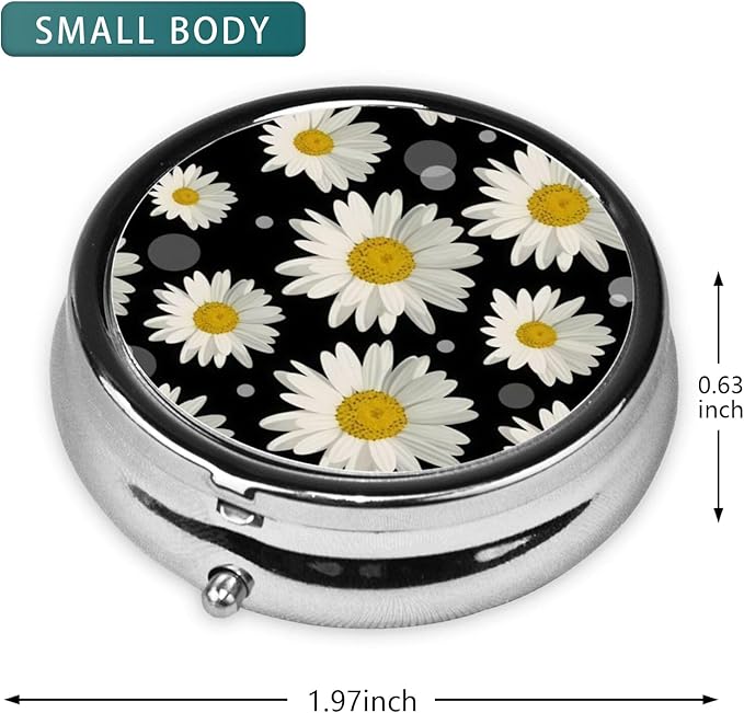 Pill Box 3 Compartment Pocket Cute Small Pill Organizer Mini Metal Pill Holder Travel Portable for Man Woman Old People and Kids - Yellow Daisy