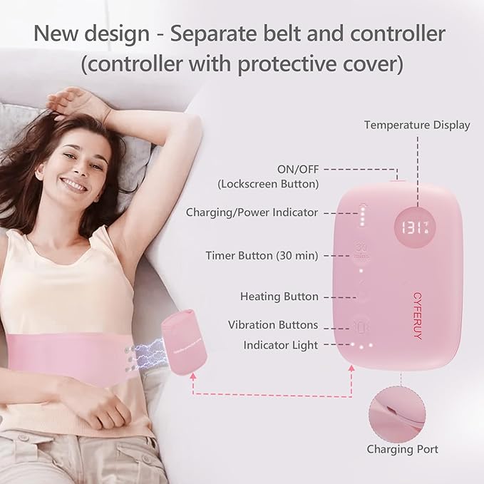 Portable Heating Pad for Period Cramps, Menstrual Heating Pad with 5000mAh Magnetic Controller, 3 Heat Levels & 3 Massage Modes for Period Cramps Pain Relief, Christmas Gift for Women