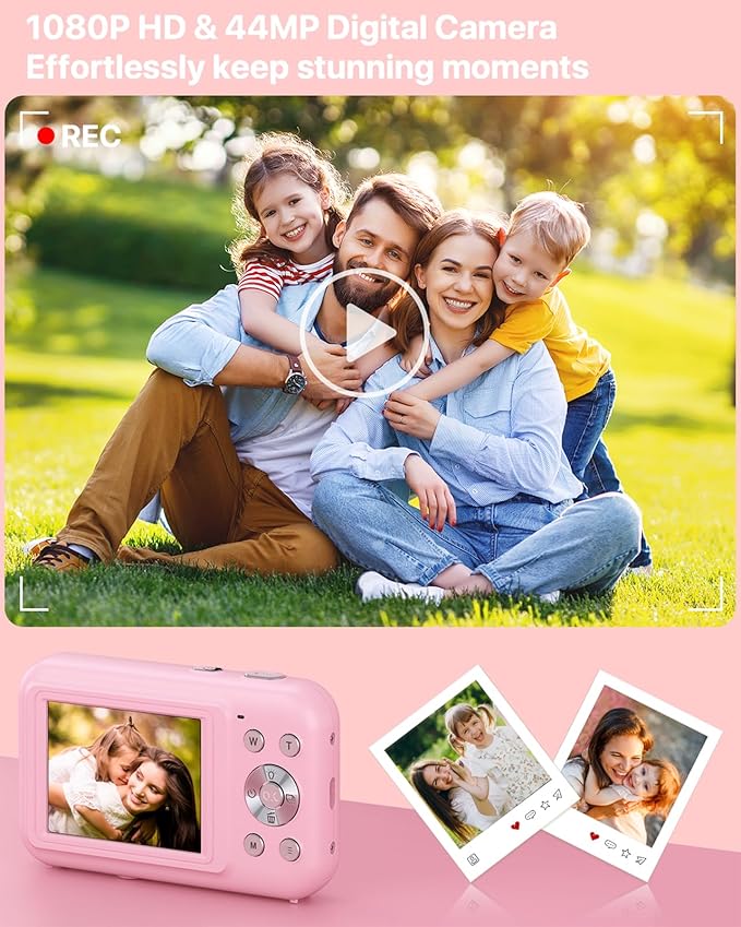 Digital Camera, Kids Camera with 32GB Card, FHD 1080P 44MP Vlogging Camera, 16X Zoom Point and Shoot Digital Camera Compact Portable Rechargeable Cameras for Teens Boys Girls Students Seniors-Pink