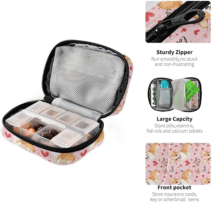 Love Corgi Dogs Travel Pill Case Bag with Compartments Twill Fabric Organizer with Plastic Inner Box for Medication Vitamins & Supplements