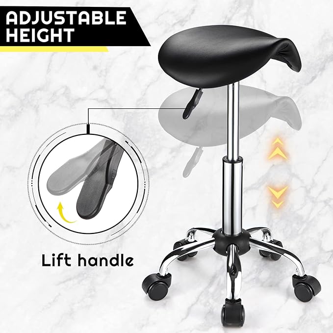 Saddle Rolling Stool with Wheels PU Leather Height Adjustable Swivel Stool Chair Black