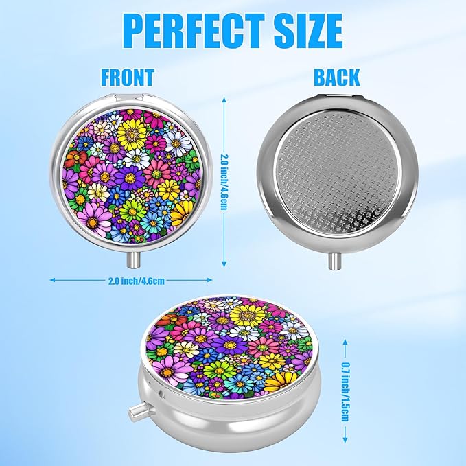 Colorful Daisy Flower Pill Case, Pill Box 3 Compartments Metal Small Pill Holder with Mirror Mini Travel Pill Container for Purse Pocket Women Men