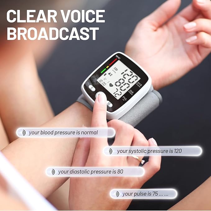 Blood Pressure Monitor Digital Wrist BP Machine Automatic BP Cuff (5.3 to 7.7 in) with 2 Users 180 Memory Voice Large LCD Display Adjustable Cuff USB Charging Carrying Case, Black
