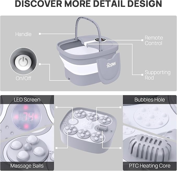 HOSPAN Collapsible Foot Spa Electric Rotary Massage, Foot Bath with Heat, Bubble, Remote, and 24 Motorized Shiatsu Massage Balls. Pedicure Foot Spa for Feet Stress Relief