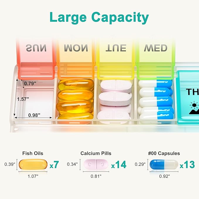 Fullicon Weekly Pill Organizer 4 Times a Day, Large Capacity Pill Case with Easy Fill, Medicine Organizer for Vitamin, Supplement & Pill, Great Gifts for Seniors (Clear Rainbow) - Patent Pending
