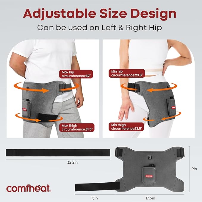 Cordless Hip Heating Pad for Hip & Sciatica Pain Relief 5000mAh Battery Powered Heated Hip Brace for Women, Men Recovery Electric Hip Heat Pad Wrap, Up to 52" Waist Size