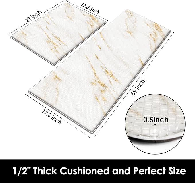 Arttown Marble Anti-Fatigue Kitchen Rug Set of 2 White Golden Gold Modern Cushioned Floor Mat, Standing Waterproof Non-Slip Kitchen Mat and PVC Ergonomic Comfort Foam Rug