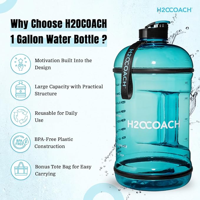 H2OCOACH 1 Gallon Hydration Jug with Time Marker & Measurements, BPA-Free Tritan Sports Drink Container, Motivational Daily Intake Tracker for Gym, Workout, & Fitness Routines (128 oz, Blue)