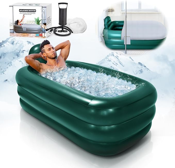 Portable Bathtub for adults with Cover,Inflatable bath tub for ice bath,Large Oval Ice Bath with pillow, 62.2x37.4x17.72in,Includes Pump, EasyInflate & Drain,Green