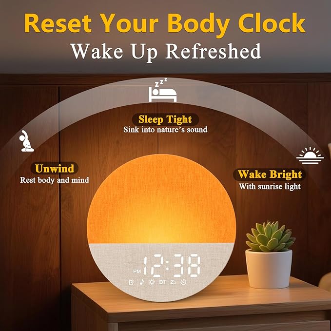 Sunrise Alarm Clock for Morning Wake-Up: White Noise Machine with 30 Soothing Sounds 9 Colors Light for Bedroom - Gentle Gradual Wake Up Light for Heavy Sleepers Adjustable Brightness Volume - Beige