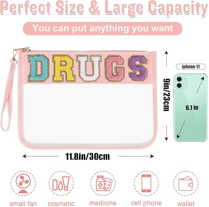 Chenille Letter Clear Bag DRUGS Makeup Pouch, Waterproof Medicine Bag for Traveling Preppy Zipper Pouch with Wristlet, Women Portable Small Cute Glitter Preppy Cosmetic Pouch Toiletry Bag(DRUGS-Pink)