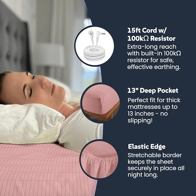 OKOHEY Grounding Fitted Sheets with 15ft Earthing Cord, Full Size, 90% Organic Cotton + 10% Silver Fiber, Soft & Breathable Grounded Sheet for Better Sleep and Enhanced Wellness, Pink