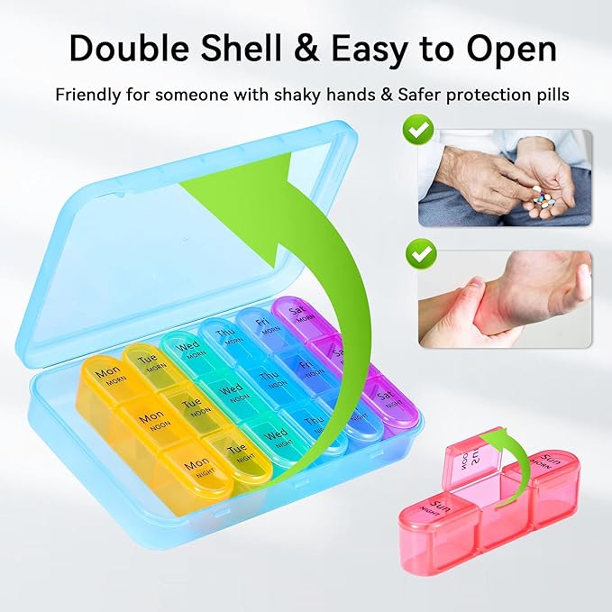 ASprink Pil Box 3 Times a Day, Weekly Pill Organizer 3 Times a Day - Daily Pill Box 7 Day Medicine Organizer, Large Pill Case, Travel Pill Organizer (Blue)
