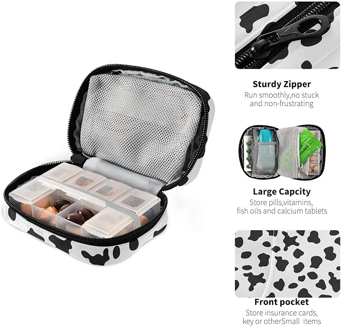 Daily Vitamin Medicine Organizer Cow Print Travel Pill Organizer Daily Medicine Container Twill Pill Case Bag
