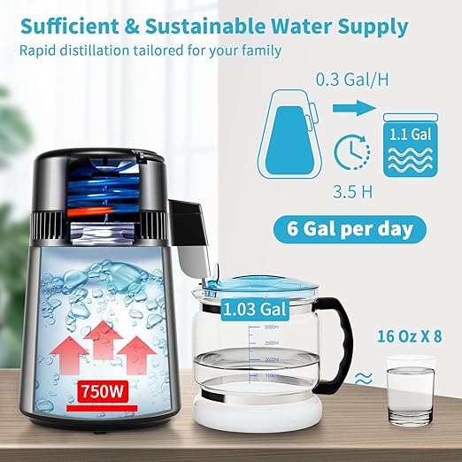 Water Distiller with Dual Temp Display and 0-99H Timer,1.1Gal 750W Distilled Water Maker for Alcohol and Essential Oils,Stainless Steel Countertop Distilled Water Machine