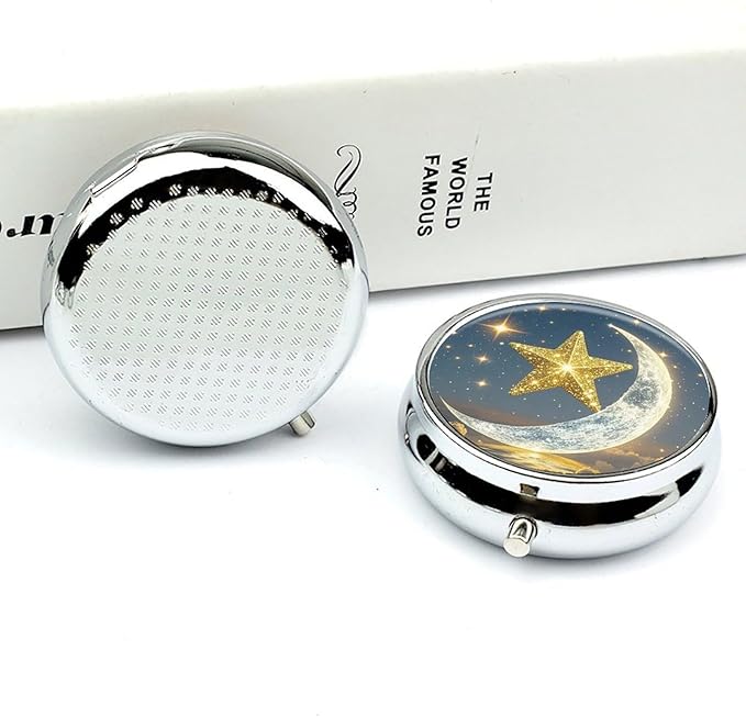 Golden Stars and Moon Pill Box Travel Pill Case for Purse Pocket Weekly Medicine Organizer with Mirror 3 Compartment Round Medicine Case Portable PillcaseHolder for Daily