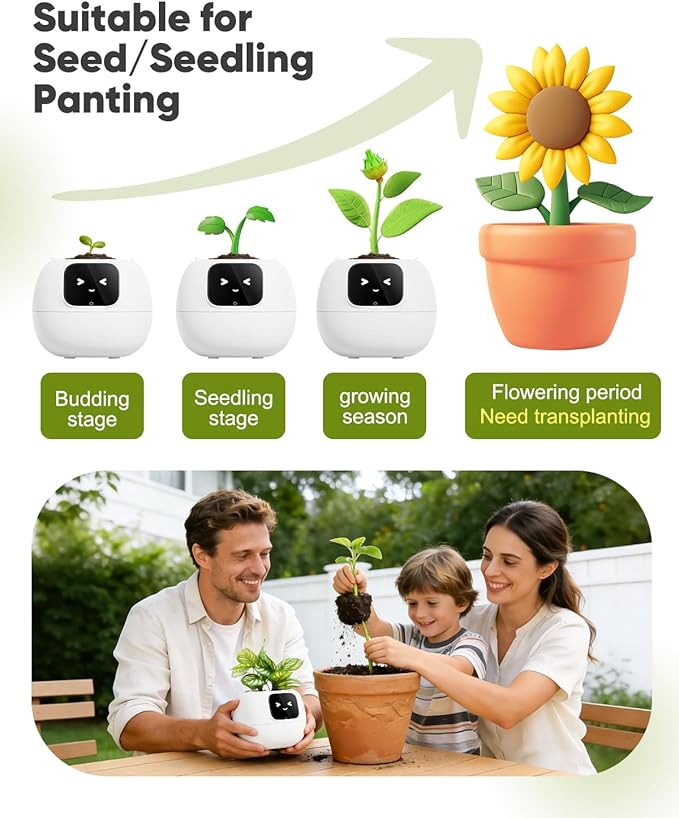 Smart Flower Pot, Smart Pet Planter Robot Guidance on Plant Care with Emoticons, Adorable Plant Companion with Alarm Clock, Living Room Desk Setup Gift