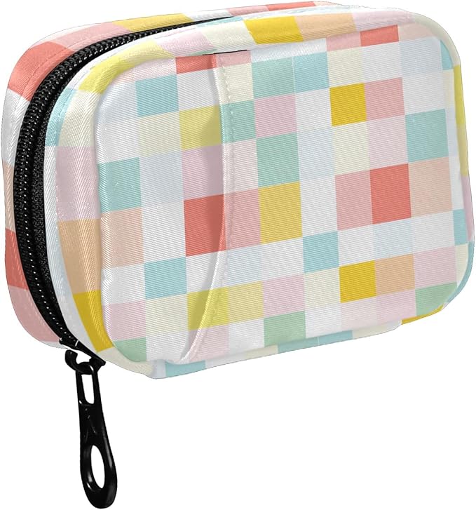 Fustylead Colorful Checkered Travel Pill Organizer Case Zipper for Purse with Removable Weekly Pill Box for Medicine, Vitamin, Supplement Medicine Organizer