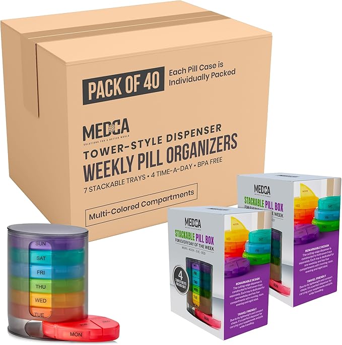 MEDca Weekly Pill Organizer, 1 Dispenser, 7 Stackable Multi-Color Compartments Four Times-a-Day - Morning, Noon, Evening, and Bedtime, Black, Case of 40